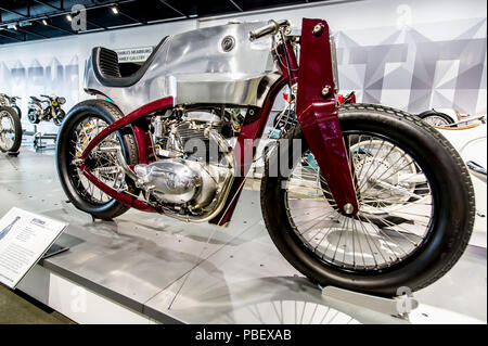 Los Angeles, California, USA. 28th July, 2018. 'Beezerker' designed and built by Speed Shop Design of Boston, Massachusetts, is displayed as part of the 'Custom Revolution' exhibit at the Petersen Automotive Museum. The exhibit gathers the works of the most influential and alternative bike builders of the past ten years in one place for the first time ever. Credit: Brian Cahn/ZUMA Wire/Alamy Live News Stock Photo