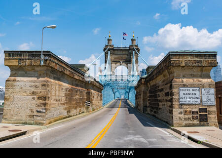 The historic John A. Roebling Suspension Bridge in Cincinnati, Ohio Stock Photo