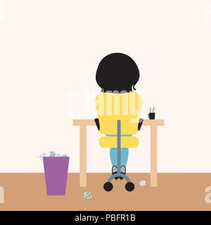 Young woman sitting on office chair at desk and paper basket, working from home or studying at school, or writing homework - vector Stock Vector