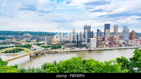 PITTSBURGH, PA - JUNE 16, 2018: Pittsburgh, Pennsylvania skyline  overlooking the Allegheny Monongahela rivers from the Grandview Overlook Stock Photo