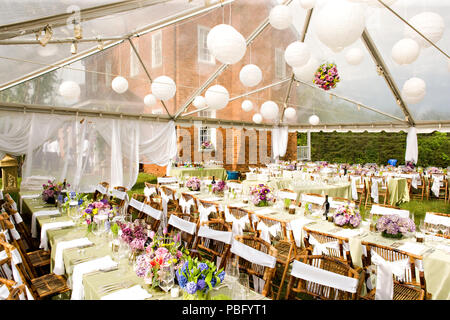 Wedding Reception With Clear Event Tents At A Historic House Stock