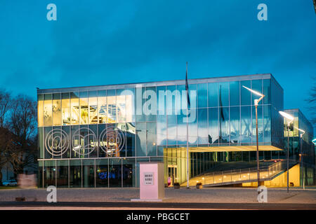 Parnu, Estonia - December 14, 2017: Night View Of Parnu Central Library In Evening Night Illuminations. Stock Photo