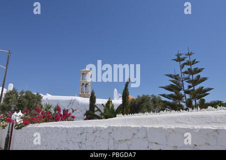 Courtyard And Bell Tower Of Panagia Tourliani Monastery In Ano Mera On The Island Of Mykonos. Architecture Landscapes Travels Cruises. July 3, 2018. A Stock Photo