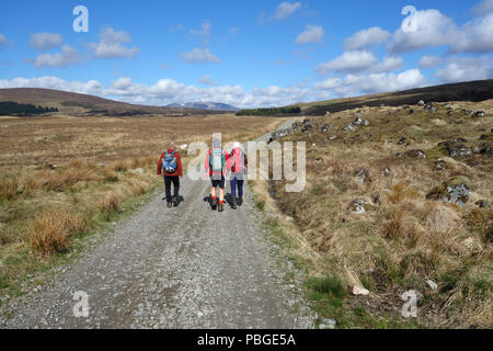 Three Men Walking on the Road to the Isles, near Rannoch Station, Scotland, UK Stock Photo