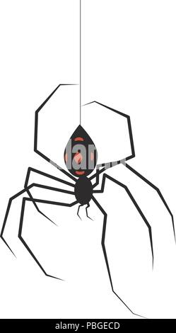 one black widdow spider with red spots on abdomen coming down one line of web Stock Vector