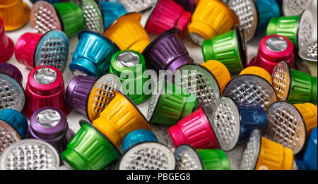 Colorful used espresso coffee capsules background. Closeup view with details Stock Photo