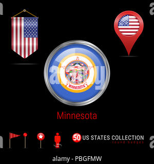 Round Silver Badge with Minnesota US State Flag. Glossy Button Flag of Minnesota. Round Icon of Minnesota with Metal Frame. Pennant Flag of USA. Map P Stock Photo