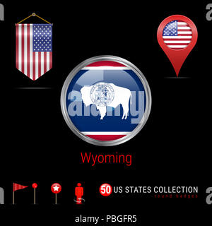 Round Silver Badge with Wyoming US State Flag. Glossy Button Flag of Wyoming. Round Icon of Wyoming with Metal Frame. Pennant Flag of USA. Map Pointer Stock Photo