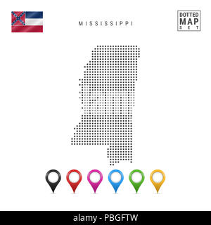 Dots Pattern Map of Mississippi. Stylized Simple Silhouette of Mississippi. The Flag of the State of Mississippi. Set of Multicolored Map Markers. Ill Stock Photo