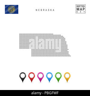 Dots Pattern Map of Nebraska. Stylized Simple Silhouette of Nebraska. The Flag of the State of Nebraska. Set of Multicolored Map Markers. Illustration Stock Photo