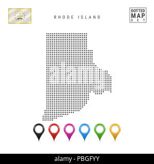 Dots Pattern Map of Rhode Island. Stylized Simple Silhouette of Rhode Island. The Flag of the State of Rhode Island. Set of Multicolored Map Markers.  Stock Photo