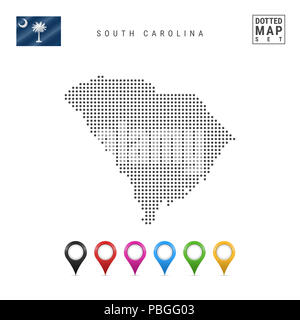 Dots Pattern Map of South Carolina. Stylized Simple Silhouette of South Carolina. The Flag of the State of South Carolina. Multicolored Map Markers. I Stock Photo