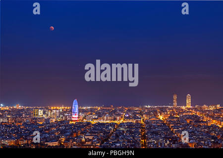 Total Lunar Eclipse over Barcelona on July 27,2018 Stock Photo