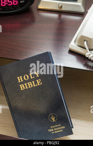Holy Bible in Hotel Room Bedside Table Drawer, USA Stock Photo