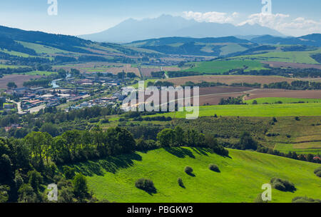 rural area around the town. grassy hill and agricultural fields. High tatra mountain ridge in the distance. view from the top of a castle tower Stock Photo