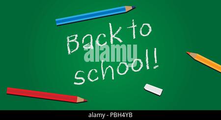 Words back to school on a green chalkboard with chalk and pencils, vector illustration Stock Vector