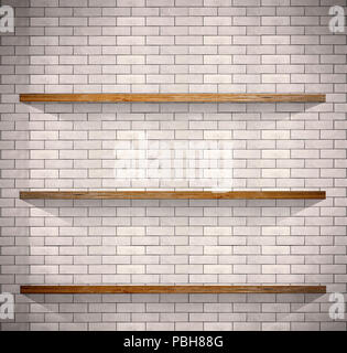 Empty wood shelves on white brick background. Stock Photo