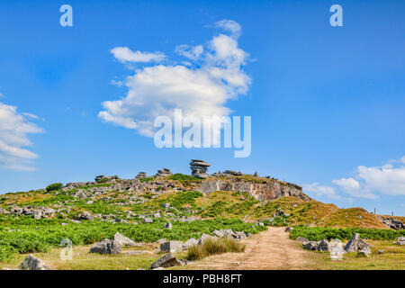 Stowe's Hill, Bodmin Moor, Cornwall, UK, with its granite tors, including the famous Cheesewring, under a glorious summer sky and clouds. Bodmin Moor  Stock Photo