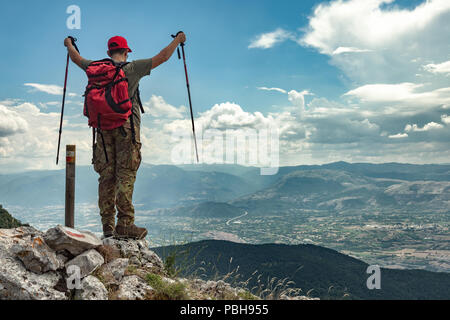 Young trekker in  the mountain top, Abruzzo Stock Photo