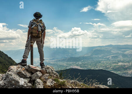 Young trekker in  the mountain top, Abruzzo Stock Photo