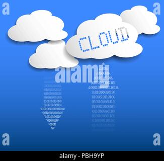 cloud storeage or cloud computing concept with white cloud shapes and binary code on blue background vector illustration Stock Vector