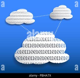 cloud storeage or cloud computing concept with white cloud shapes and binary code on blue background vector illustration Stock Vector