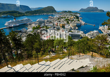 View from Aksla hill over Alesund and surrounding waters, Byrampen Viewpoint, More og Romsdal, Norway, Scandinavia, Europe Stock Photo