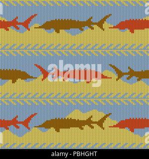 Knitted woolen seamless pattern with sturgeons. Yellow sand and blue water Stock Vector