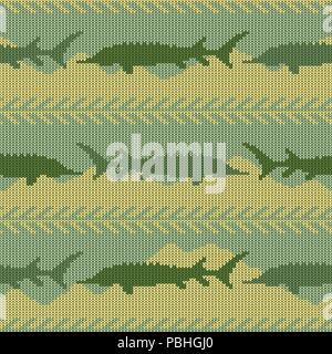 Knitted woolen seamless pattern with sturgeons. Yellow sand and green water Stock Vector
