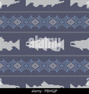 Knitted seamless pattern with Norwegian salmon Stock Vector