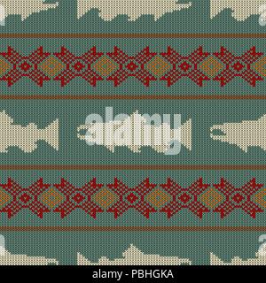 Knitted seamless pattern with Norwegian salmon Stock Vector