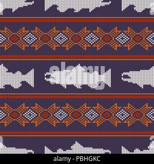 Knitted seamless pattern with Norwegian salmon Stock Vector