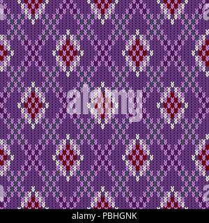 Knitted woolen seamless jacquard ornament. Claret rhombuses in the amethyst field Stock Vector