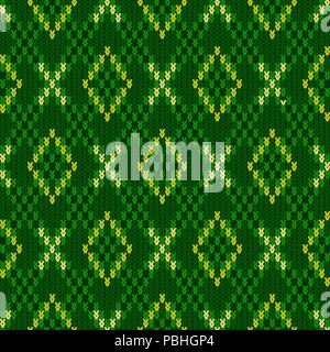 Knitted woolen seamless jacquard ornament. Crosses and diamonds in green tones of lime Stock Vector