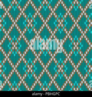 Knitted woolen seamless jacquard ornament. Turquoise rhombuses and light grid Stock Vector