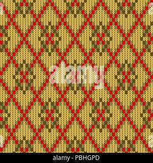 Knitted woolen seamless jacquard ornament. Mustard rhombuses and red mesh Stock Vector