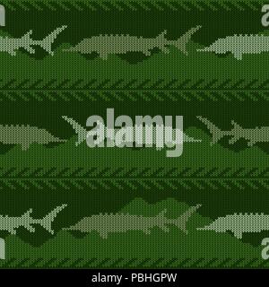 Knitted woolen seamless pattern with sturgeons in green tones. Night under water Stock Vector