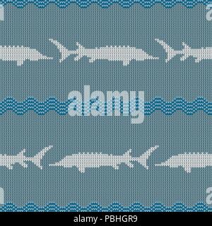 Knitted woolen seamless pattern with sturgeons in vintage blue tones Stock Vector