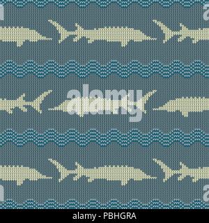 Knitted woolen seamless pattern with sturgeons in vintage blue tones Stock Vector