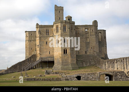 Warworth hilltop medieval castle ruins with cross-shaped keep, gatehouse and towers Warworth Morpeth Northumberland UK Stock Photo