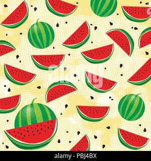 Background pattern with watermelon and seeds on yellow background, vector illustration Stock Vector