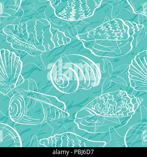 Seamless background, outline seashells Stock Vector