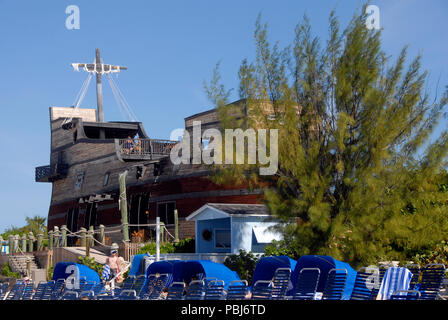 Replica of pirate ship by the beach, Half Moon Cay, Bahamas Stock Photo