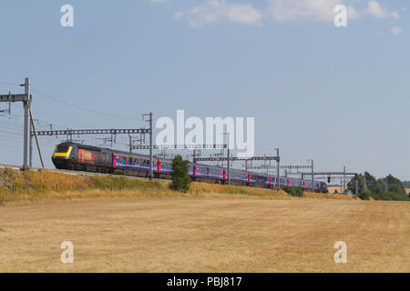 An HST with powers cars 43172 and 43190 working a Great Western Railway service at South Stoke on the 26th July 2018. Stock Photo