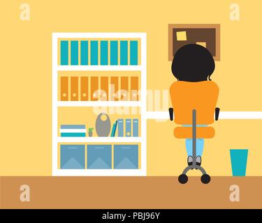 Young woman sitting in a room on a chair at the table and trash can, working from home or studying in the school, or write homework - vector Stock Vector