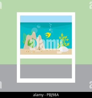 Flat design illustration of furniture with aquarium and fish with plants and decoration in room with green wall - vector Stock Vector