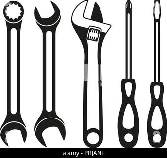 Black and white wrench screwdriver silhouette set Stock Vector