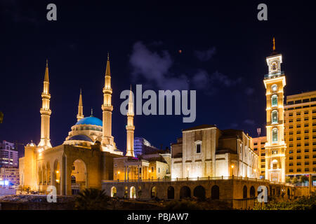 Mohammad Al-Amin mosque and Saint Georges Maronite Cathedral under blood moon lunar eclipse July 27 2018 in downtown Beirut Central District, Lebanon Stock Photo