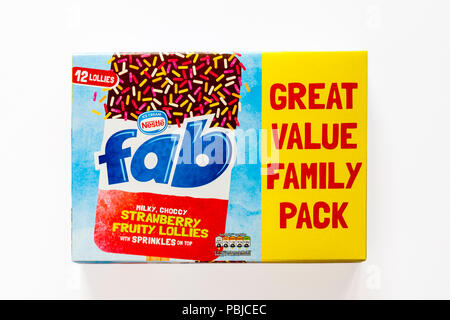 Box of Nestlé Nestle Fab milky choccy strawberry fruity lollies with sprinkles on top isolated on white background  great value family pack 12 lollies Stock Photo
