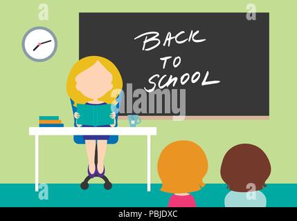 Young woman - teacher sitting on chair behind table in school class with black board with inscription Back to school and with two students - flat desi Stock Vector